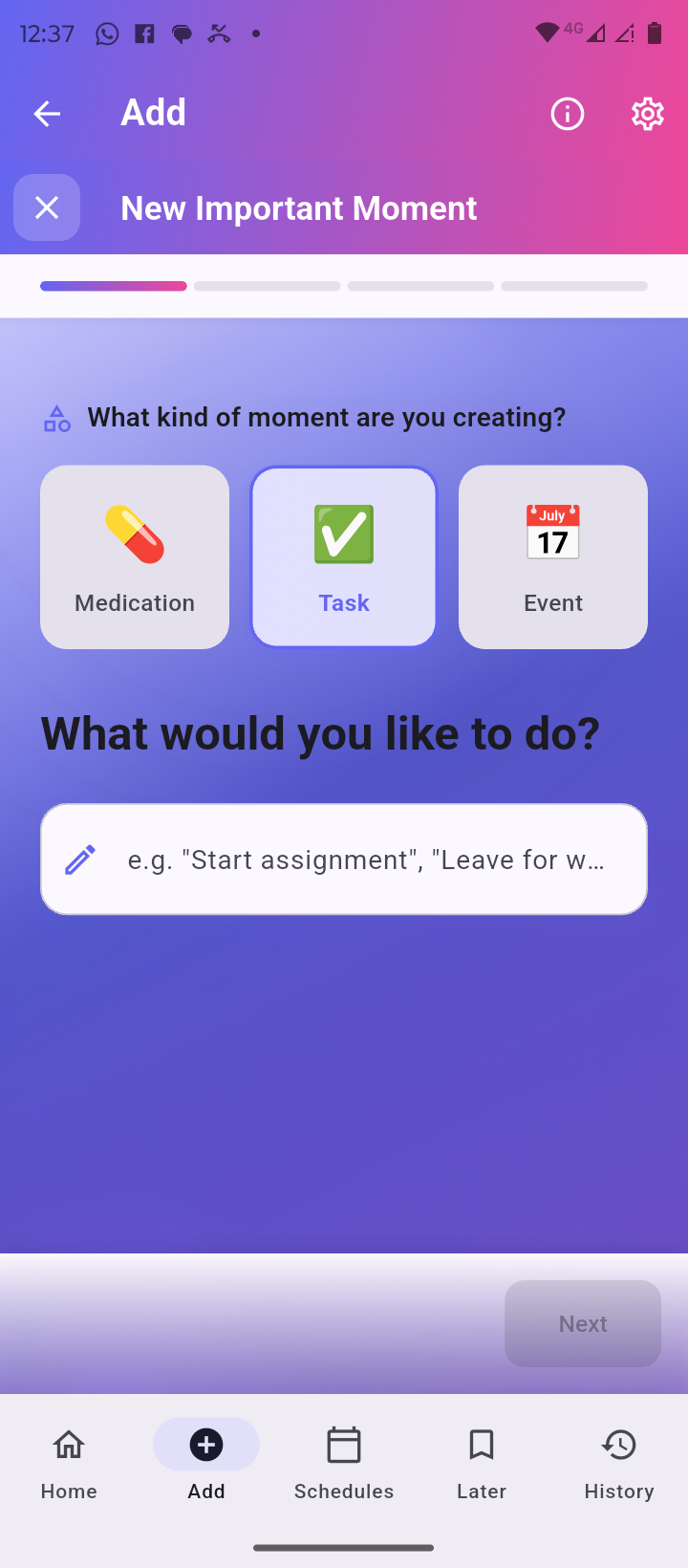 DayGuide create activity screen for adding ADHD-friendly reminders with flexible time windows