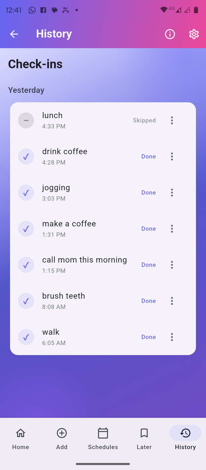 DayGuide history screen showing gentle progress tracking and patterns without shame